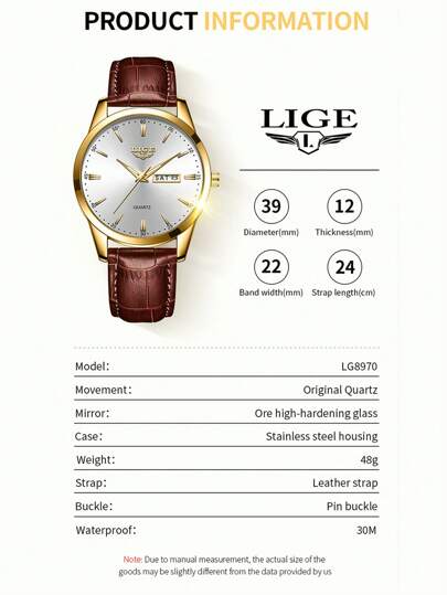 LIGE ساعة كوارتز بتقويم عقرب دائري للرجال