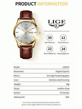 LIGE ساعة كوارتز بتقويم عقرب دائري للرجال