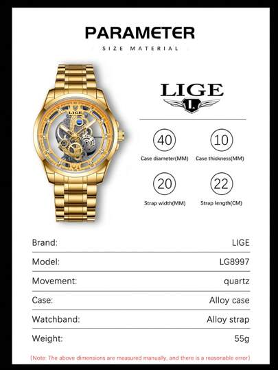 LIGE ساعات ميكانيكية قص مجوف عقرب دائري للرجال