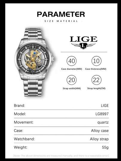 LIGE ساعة كوارتز بقرص مؤشر دائري قص مجوف للرجال