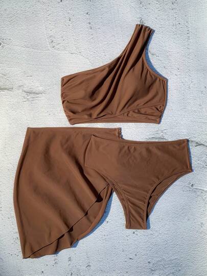 Swim Vcay مجموعة بيكيني مكونة من صدرية كتف واحد وقيعان سباحة بتصميم الشاطئ مع تنورة غطاء شاطئ للملابس السباحة