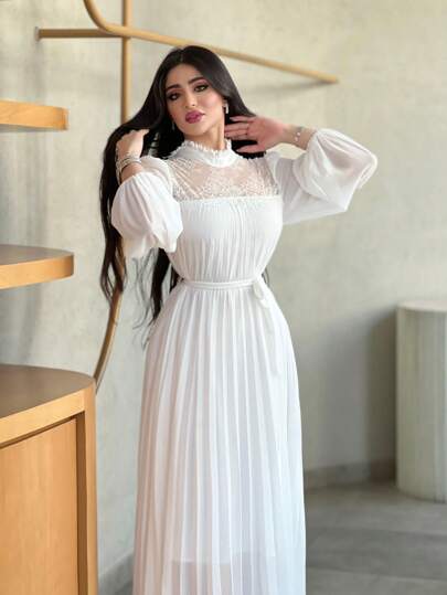 Modelyn فستان سهرة طويل بأكمام قصيرة من يد فوانيس مع حزام وطيات عند الحافة