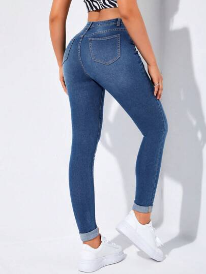 EZwear بنطلون جينز سكيني ممزق بخصر عالٍ للربيع