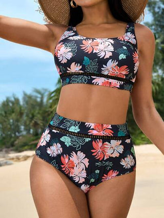 Swim Lushoire ملابس سباحة بيكيني طباعة الأزهار قص مجوف خصر عالي