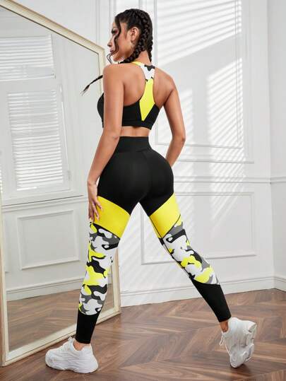 SHEIN Sport Studio مجموعة رياضية متعددة الألوان بطبعة كامو، مجموعة تمارين رياضية للنساء
