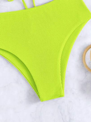 Swim مجموعة بيكيني بنسيج الريب المضلع بلون الليمون النيون لشاطئ الصيف مكونة من قطعتين، ملابس سباحة