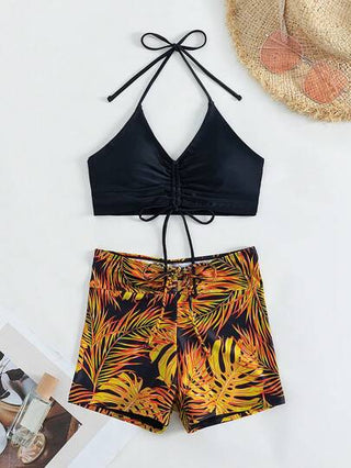 طقم تانكيني حريمي Swim طقم بكيني بحبال وسحاب ذو طبعة استوائية للصيف والشاطئ