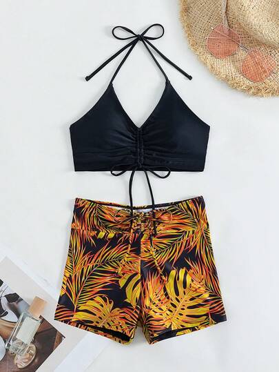 طقم تانكيني حريمي Swim طقم بكيني بحبال وسحاب ذو طبعة استوائية للصيف والشاطئ
