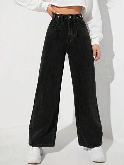 SHEIN EZwear بنطلون جينز خصر عالي ساق عريضة