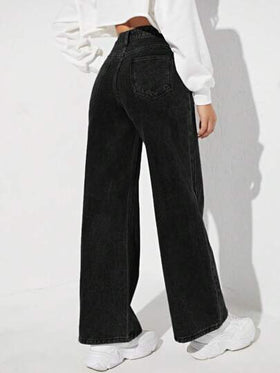 SHEIN EZwear بنطلون جينز خصر عالي ساق عريضة