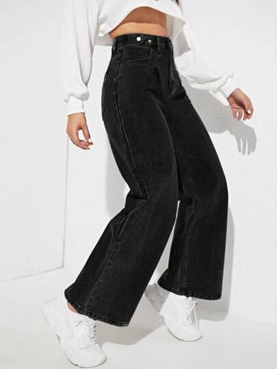 SHEIN EZwear بنطلون جينز خصر عالي ساق عريضة