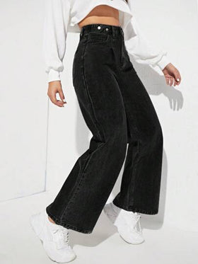 SHEIN EZwear بنطلون جينز خصر عالي ساق عريضة