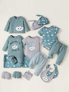 SHEIN Playful Pals مولود جديد 2 قطع بوديسوت صور رسوم كارتون & قطعة واحدة تي شيرت & 2 قطع بنطلون & قطعة واحدة جمبسوت & قبعة & مريلة & قفازات & طقم حقائب