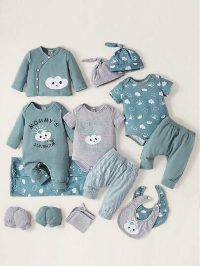 SHEIN Playful Pals مولود جديد 2 قطع بوديسوت صور رسوم كارتون & قطعة واحدة تي شيرت & 2 قطع بنطلون & قطعة واحدة جمبسوت & قبعة & مريلة & قفازات & طقم حقائب