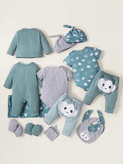 SHEIN Playful Pals مولود جديد 2 قطع بوديسوت صور رسوم كارتون & قطعة واحدة تي شيرت & 2 قطع بنطلون & قطعة واحدة جمبسوت & قبعة & مريلة & قفازات & طقم حقائب