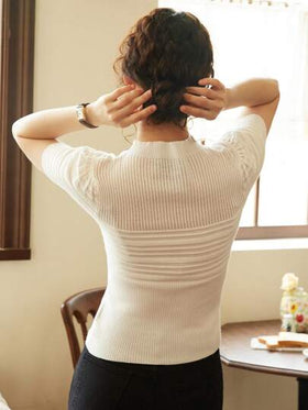 Knit Mix ملابس علوية نسائي أنيق بأكمام منفوخة من الكنز الفرنسي، ملابس علوية تي شيرت بياقة مستديرة وفت عادي مناسب للربيع والصيف، بطبعة لطيفة ذات طراز معدني قديم، مناسب لموسم العودة إلى المدرسة، الخريف والشتاء، وكذلك مناسبات عيد الميلاد والشكر والعام الجديد
