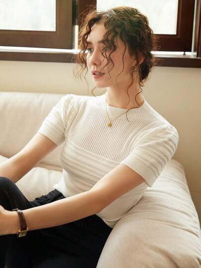 Knit Mix ملابس علوية نسائي أنيق بأكمام منفوخة من الكنز الفرنسي، ملابس علوية تي شيرت بياقة مستديرة وفت عادي مناسب للربيع والصيف، بطبعة لطيفة ذات طراز معدني قديم، مناسب لموسم العودة إلى المدرسة، الخريف والشتاء، وكذلك مناسبات عيد الميلاد والشكر والعام الجديد