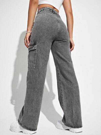 EZwear بنطلون جينز كارجو خصر عالي جيب قلاب