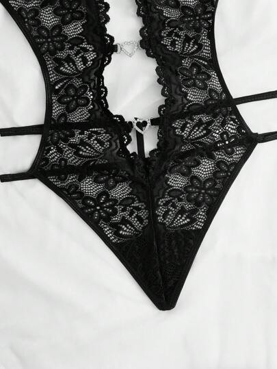 لانجيري حريمي Classic Sexy بدلة تيدي للملابس الداخلية مع تفاصيل قلب مرصعة بالراين والدانتيل الأزهار مفرغة