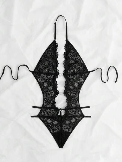 لانجيري حريمي Classic Sexy بدلة تيدي للملابس الداخلية مع تفاصيل قلب مرصعة بالراين والدانتيل الأزهار مفرغة