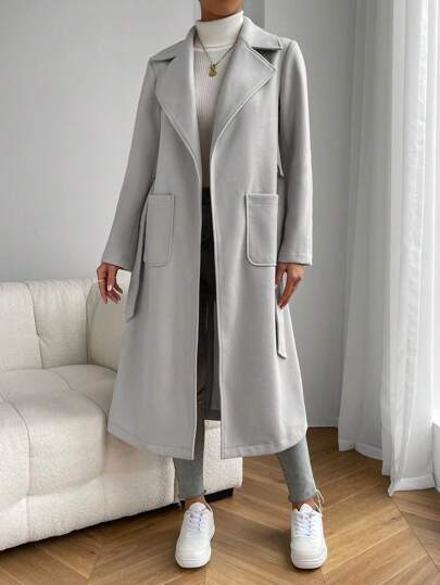 SHEIN EZwear معطف خارجي مزود بياقة وجيبين وحزام للخريف/الشتاء