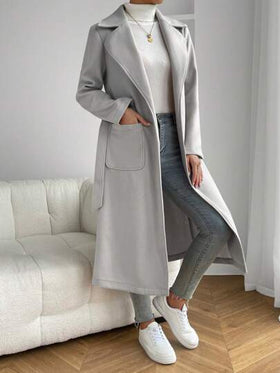 SHEIN EZwear معطف خارجي مزود بياقة وجيبين وحزام للخريف/الشتاء
