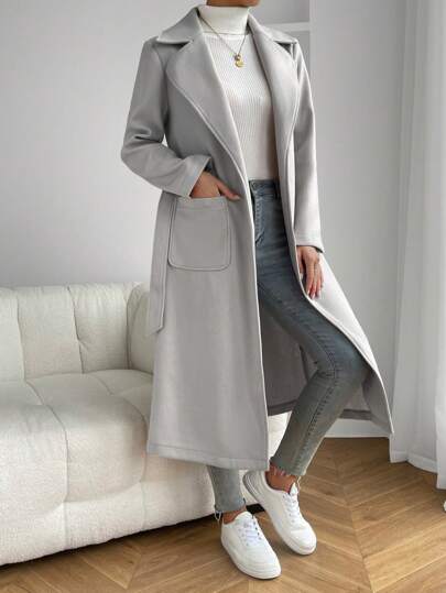 SHEIN EZwear معطف خارجي مزود بياقة وجيبين وحزام للخريف/الشتاء