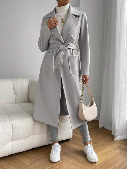 SHEIN EZwear معطف خارجي مزود بياقة وجيبين وحزام للخريف/الشتاء