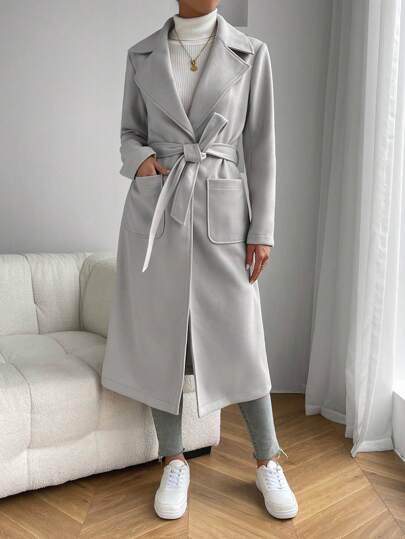 SHEIN EZwear معطف خارجي مزود بياقة وجيبين وحزام للخريف/الشتاء