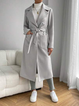 SHEIN EZwear معطف خارجي مزود بياقة وجيبين وحزام للخريف/الشتاء