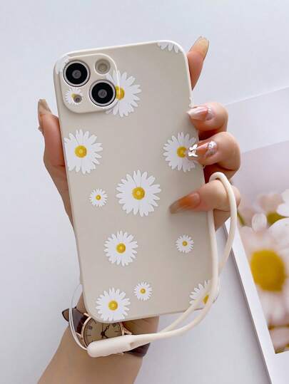 غطاء هاتف مطبوع بنقوش زهور البابونج الربيعية مع حبل معصم متوافق مع iPhone 15/15Pro/15Plus/15Promax
