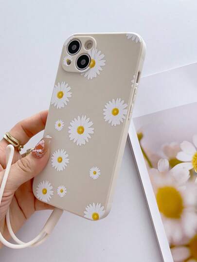 غطاء هاتف مطبوع بنقوش زهور البابونج الربيعية مع حبل معصم متوافق مع iPhone 15/15Pro/15Plus/15Promax