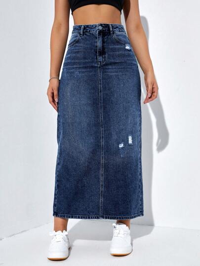 SHEIN EZwear تنورة دنيم خصر عالي ممزق شق خلفي