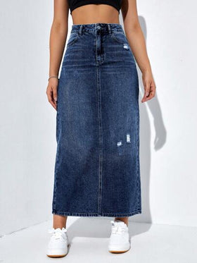 SHEIN EZwear تنورة دنيم خصر عالي ممزق شق خلفي