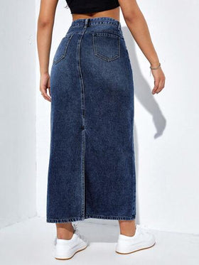 SHEIN EZwear تنورة دنيم خصر عالي ممزق شق خلفي