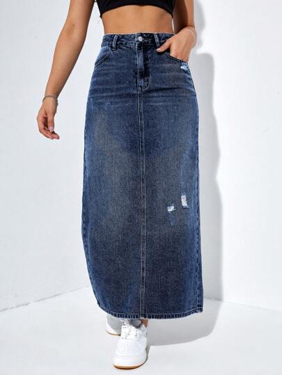 SHEIN EZwear تنورة دنيم خصر عالي ممزق شق خلفي