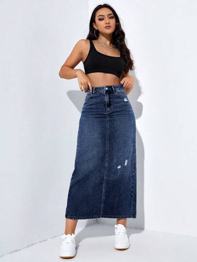 SHEIN EZwear تنورة دنيم خصر عالي ممزق شق خلفي