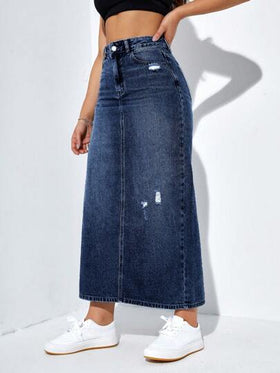 SHEIN EZwear تنورة دنيم خصر عالي ممزق شق خلفي
