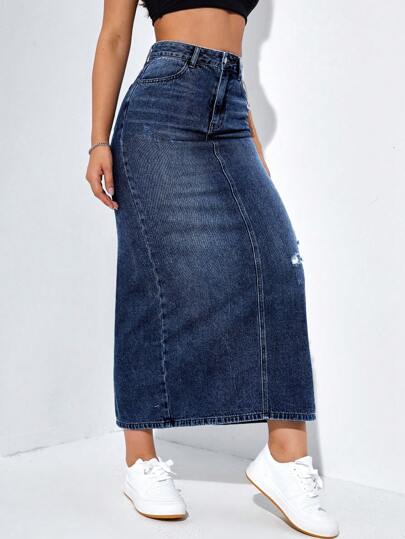 SHEIN EZwear تنورة دنيم خصر عالي ممزق شق خلفي