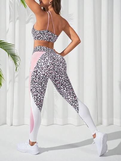 SHEIN Sport Studio طقم رياضي نسائي قطعة واحدة مكشوفة الكتف ذو طبعة نمر، طقم تمرين رياضي نسائي