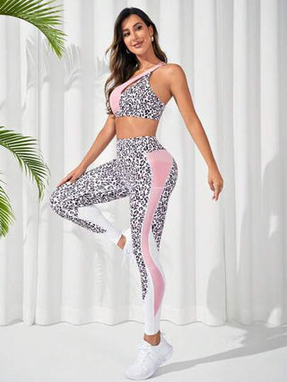 SHEIN Sport Studio طقم رياضي نسائي قطعة واحدة مكشوفة الكتف ذو طبعة نمر، طقم تمرين رياضي نسائي