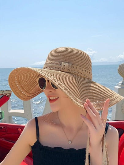 قبعة قش بوهيمية مزينة بشريط للنساء للعطلات