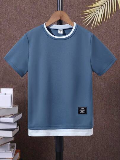SHEIN تي شيرت قصير الأكمام 2 في 1 2في 1 للأولاد المراهقين بتصميم كتل اللون الكاجوال
