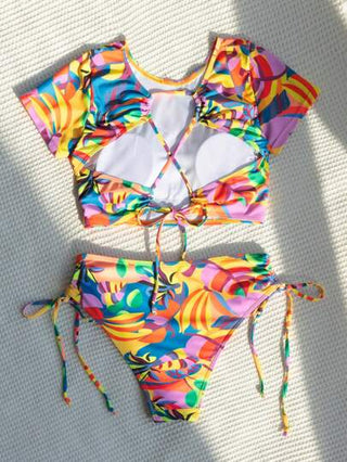 طقم تانكيني حريمي Swim طقم بكيني بياقة عالية وسحاب على الجانب بطبعة استوائية شاطئية صيفية
