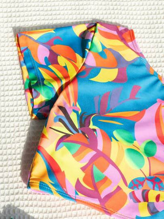 طقم تانكيني حريمي Swim طقم بكيني بياقة عالية وسحاب على الجانب بطبعة استوائية شاطئية صيفية