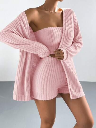 SHEIN EZwear منخفض الاكتاف مفتوح امامي معطف و لباس علوي بدون حمالات و بنطلون قصير