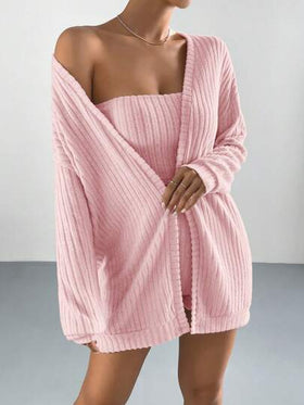 SHEIN EZwear منخفض الاكتاف مفتوح امامي معطف و لباس علوي بدون حمالات و بنطلون قصير