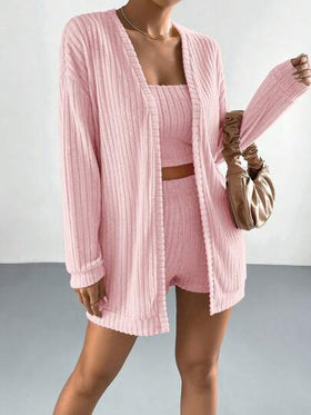SHEIN EZwear منخفض الاكتاف مفتوح امامي معطف و لباس علوي بدون حمالات و بنطلون قصير