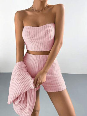 SHEIN EZwear منخفض الاكتاف مفتوح امامي معطف و لباس علوي بدون حمالات و بنطلون قصير
