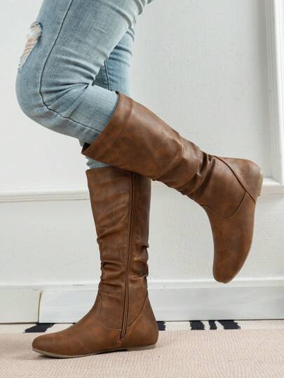 جزمة برقبة طويلة مبسط سحاب جانبي مترهل موضة خارجي نساء